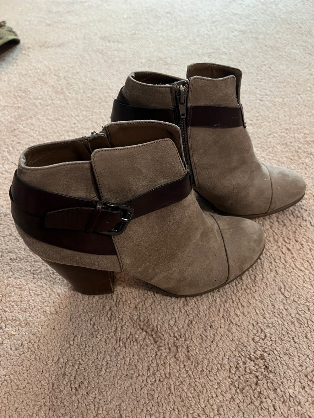 Carlos by Carlos Santana Taupe Suede Ankle Booties with Brown Strap